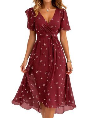 Floral Chiffon Summer Dress for Women | Casual Short Sleeve Midi Dress | Beach